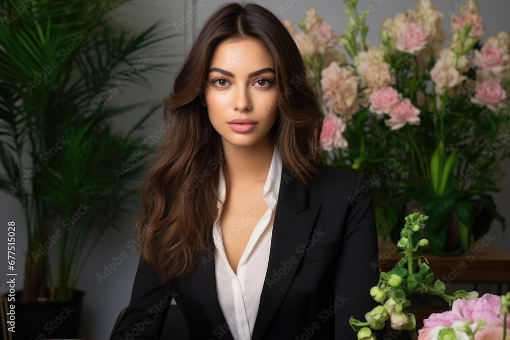 Woman is sitting at table with beautiful arrangement of flowers in background. This picture can be used to depict calm and peaceful atmosphere Woman is sitting at table with beautiful arrangement of flowers in background. This picture can be used to depict calm and peaceful atmosphere