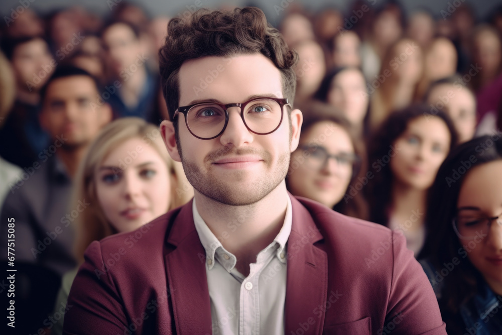 Obraz premium Man in suit and glasses is seated in front of group of people. This professional image can be used to depict leadership, business meetings, teamwork, or corporate presentations