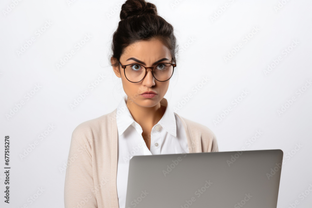 Woman wearing glasses is focused on her laptop screen. This image can be used to depict technology, work, online communication, or remote working Woman wearing glasses is focused on her laptop screen. This image can be used to depict technology, work, online communication, or remote working