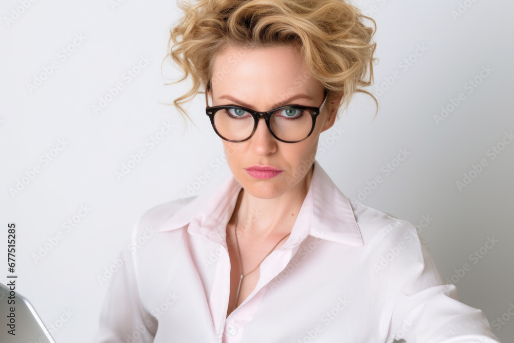 Woman wearing glasses is focused on her laptop screen. This image can be used to depict technology, work, online communication, or studying