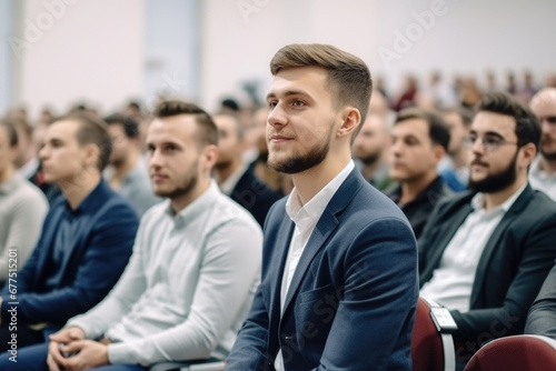 Man in suit confidently sitting in front of crowd of people. This image can be used to illustrate public speaking, leadership, or business presentations