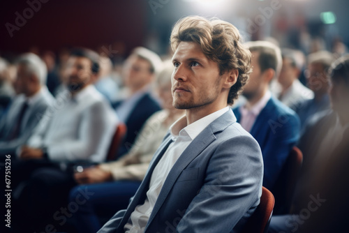 Professional businessman in suit seated in front of large crowd. Suitable for business presentations and public speaking engagements