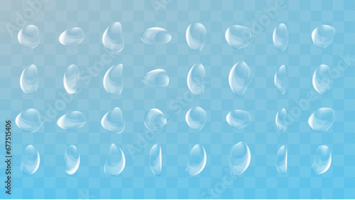 Vector realistic set of liquid waterdrop and droplet with different shapes. Realistic condensation water tears. Closeup abstract fresh waterdrops and droplet on transparent background. Vector. photo