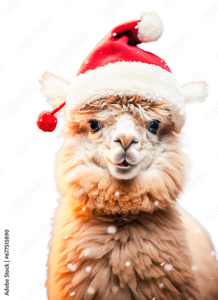 Winter happy llama wearing santa hat in snow on white Winter happy llama wearing santa hat in snow on white