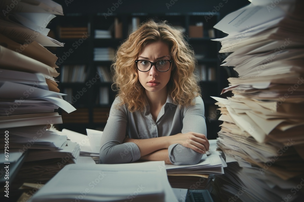 Business woman looking angry on top of a pile of paperwork. - obrazy, fototapety, plakaty 