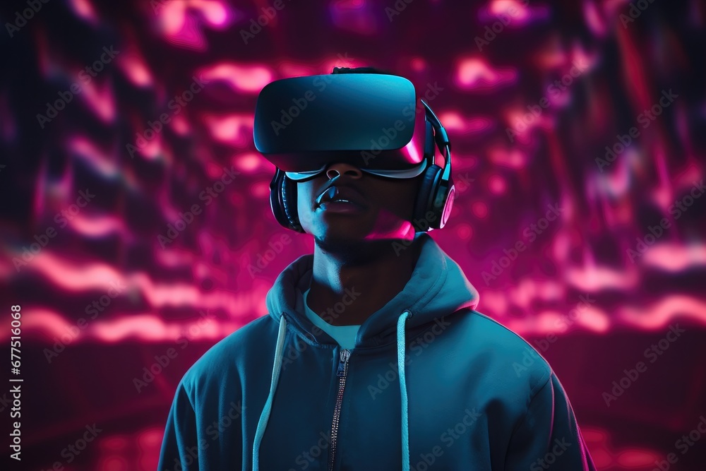Man wearing a virtual reality headset and a colored backdrop. Man wearing a virtual reality headset and a colored backdrop.