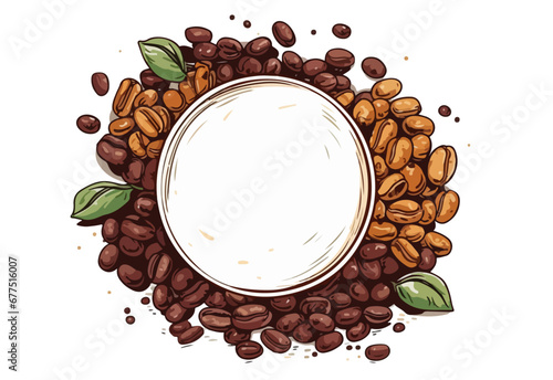 Vektorillustration von Blättern der Kaffeepflanze mit Kaffeebohnen und Textfreiraum im Kreisformat einer Tasse (Generative AI).