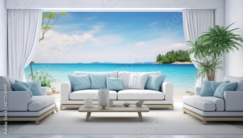 Living room with couches and a view of the ocean, in the style of minimalist backgrounds. © Goojournoon