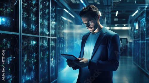 Man in a server room standing near an tablet checking about network and data system. photo