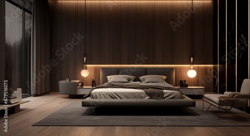 Minimalist room with wooden floors and a bed, in the style of dark silver and dark beige, matte background.