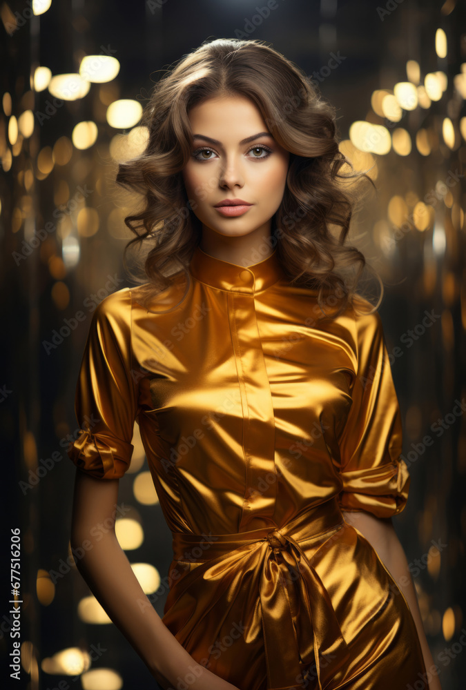 Beauty, glitter and caucasian woman with gold makeup on black background with art, paint and cosmetics. Shine, glow and model in studio for facial fashion, aesthetic freedom and luxury skincare.