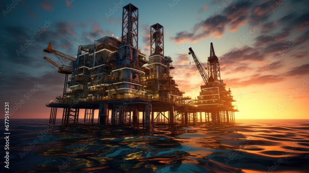 Large Offshore oil rig drilling platform at sunset and beautiful sky in the gulf.