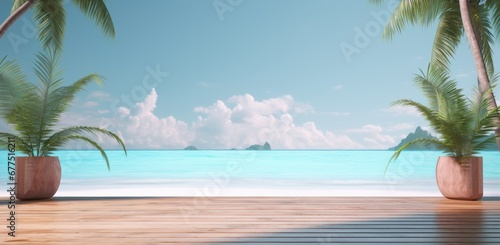 wood floor on blur of sea, ocean, beach, background - can used for display or montage your products.