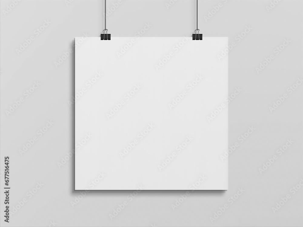 Blank squared poster hanging with clips on a white wall Mockup. 3D rendering Blank squared poster hanging with clips on a white wall Mockup. 3D rendering