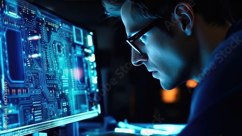 Close up male wearing glasses searching for code symbols on monitor computer.