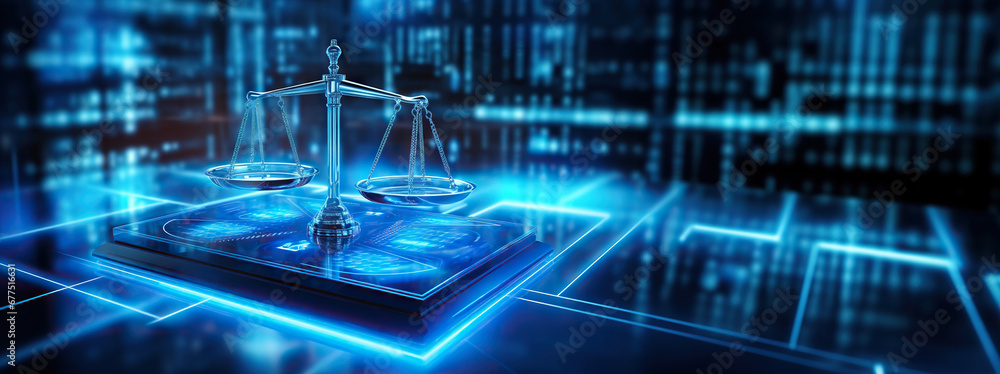 Law scales on background of data center. Digital law concept of duality of Judiciary, Jurisprudence and Justice and data in the modern world - obrazy, fototapety, plakaty 