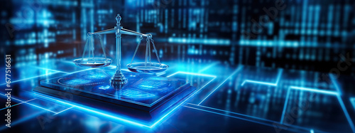 Law scales on background of data center. Digital law concept of duality of Judiciary, Jurisprudence and Justice and data in the modern world photo