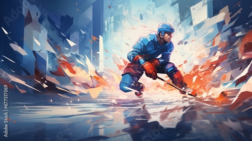Ice hockey player in the style of bright geometric abstractions by Generative AI photo