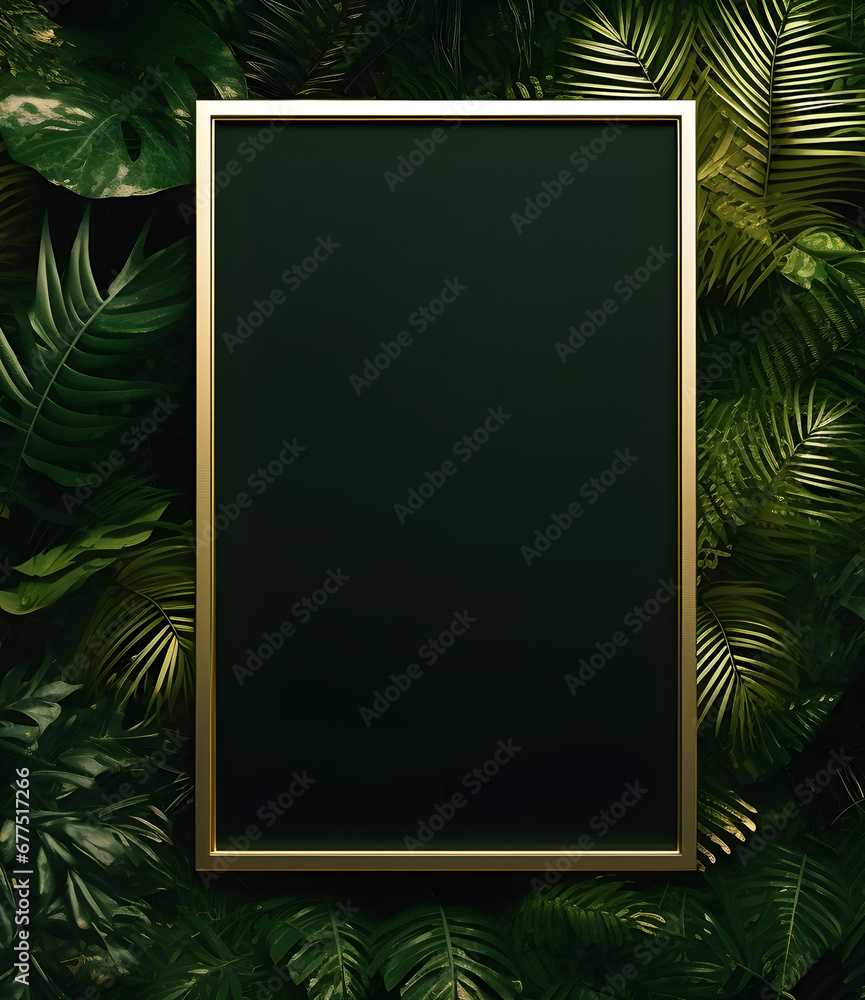  close-up of a horizontal golden mockup frame resting upon vibrant deep green tropical leaves, adding a touch of luxury to your space