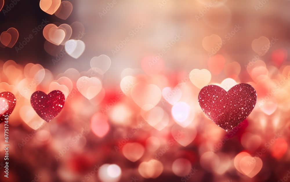 Romantic Valentine's Day blurred heart shape bokeh background with copy space. Party invitation, greetings, celebration concept.