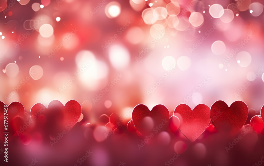 Glowing Valentine's Day blurred heart shape bokeh background with copy space. Party invitation, greetings, celebration design concept.