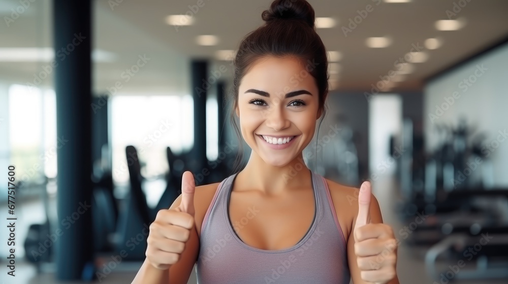 Woman doing exercising and taking photograph selfie in the sport club gym background.