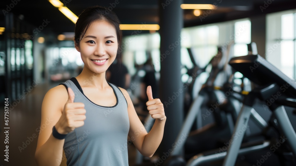 Obraz premium Woman doing exercising and taking photograph selfie in the sport club gym background.