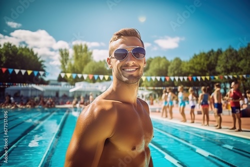 A young strong athletic man, a coach, stands against the backdrop of a summer swimming pool at a resort, in a children's summer camp. 