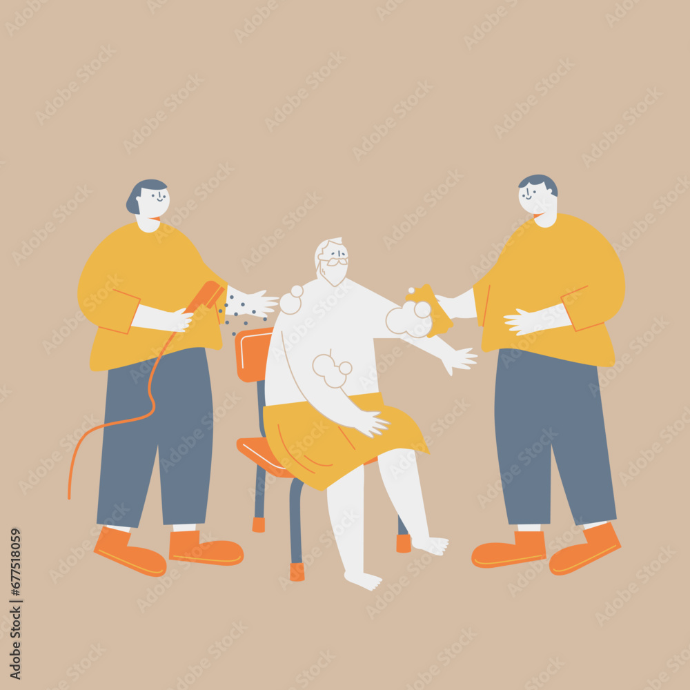Fototapeta premium An elderly man being washed by two care staff.