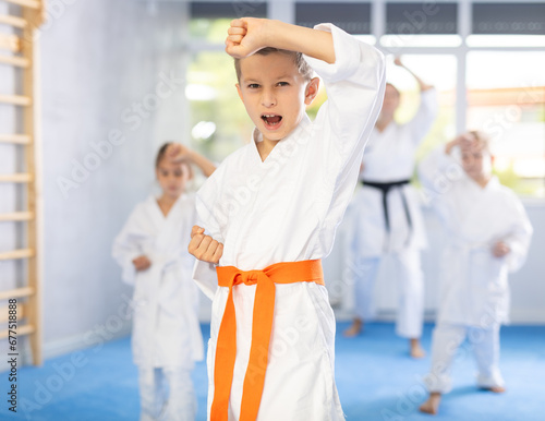 Kids during karate training. Martial arts. Sport, active lifestyle concept