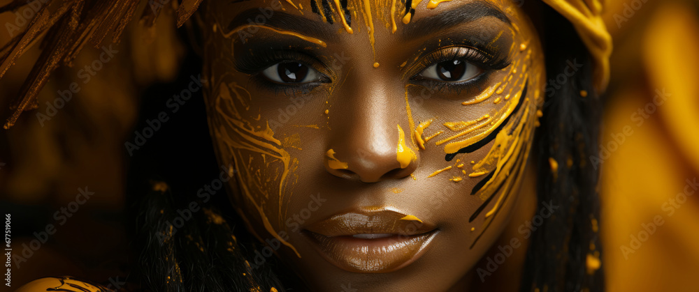 Beauty, glitter and african woman with gold makeup on black background with art, paint and cosmetics. Shine, glow and model in studio for facial fashion, aesthetic freedom and luxury skincare.