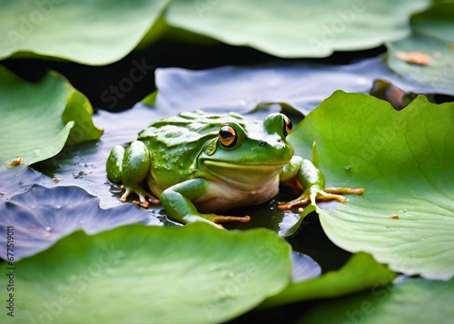 Cute frog on a lotus leaf in a pond image. Natural animal photography for background, wall art, wallpaper and other designs.