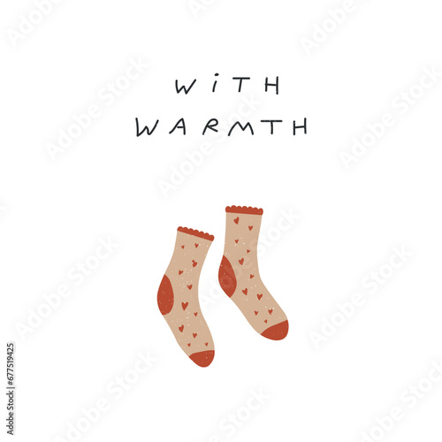 card with warmth about love with socks and red hearts