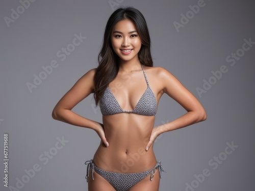 Asian woman in bikini over gray background