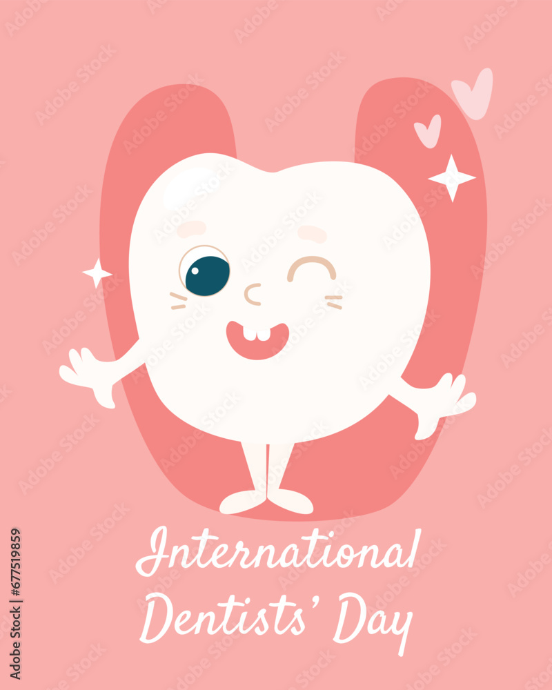 Greeting card for the International Day of the Dentist. A cute little tooth with glasses and a face, handles and legs. A positive character for the day of the dentist. Greeting card for the International Day of the Dentist. A cute little tooth with glasses and a face, handles and legs. A positive character for the day of the dentist.