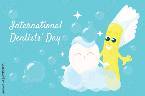 Dentist's Day greeting card. A cute little tooth with glasses and a face is smiling happily with a toothbrush. The baby has toothpaste on top and is covered in bubbles.