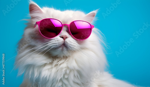 Isolated Persian cat is wearing pink sunglasses in style of eye-catching resin jewelry.