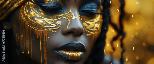 Beauty, glitter and african woman with gold makeup on black background with art, paint and cosmetics. Shine, glow and model in studio for facial fashion, aesthetic freedom and luxury skincare.