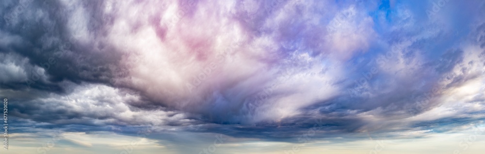 Moody sky with dramatic storm clouds and panoramic outdoors scenery. - obrazy, fototapety, plakaty 