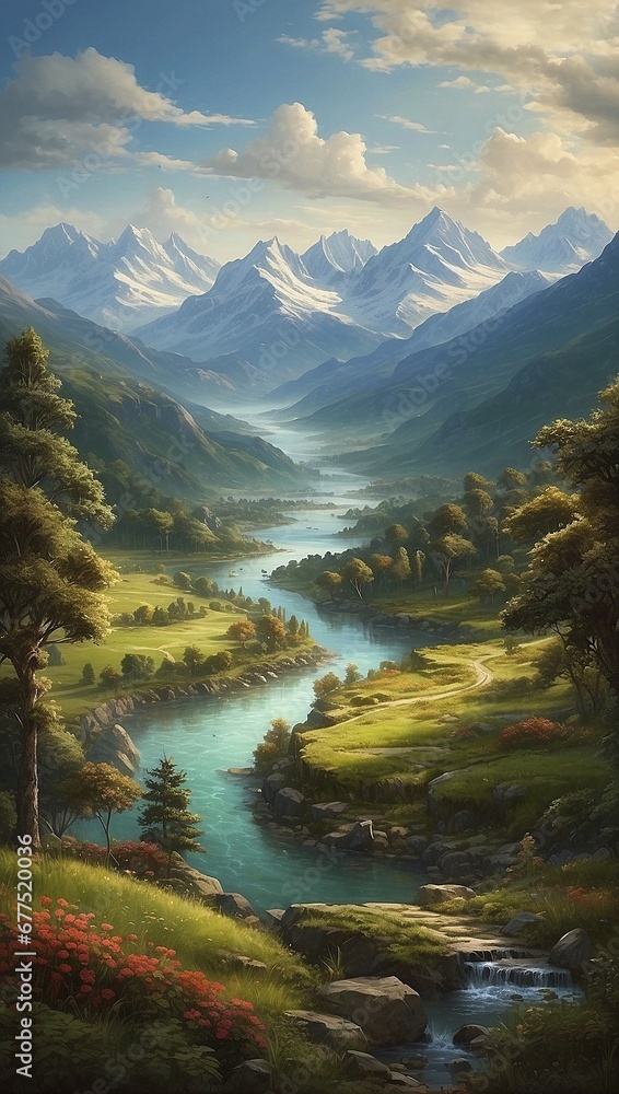 mountain landscape in the morning, HD Painting Generative AI