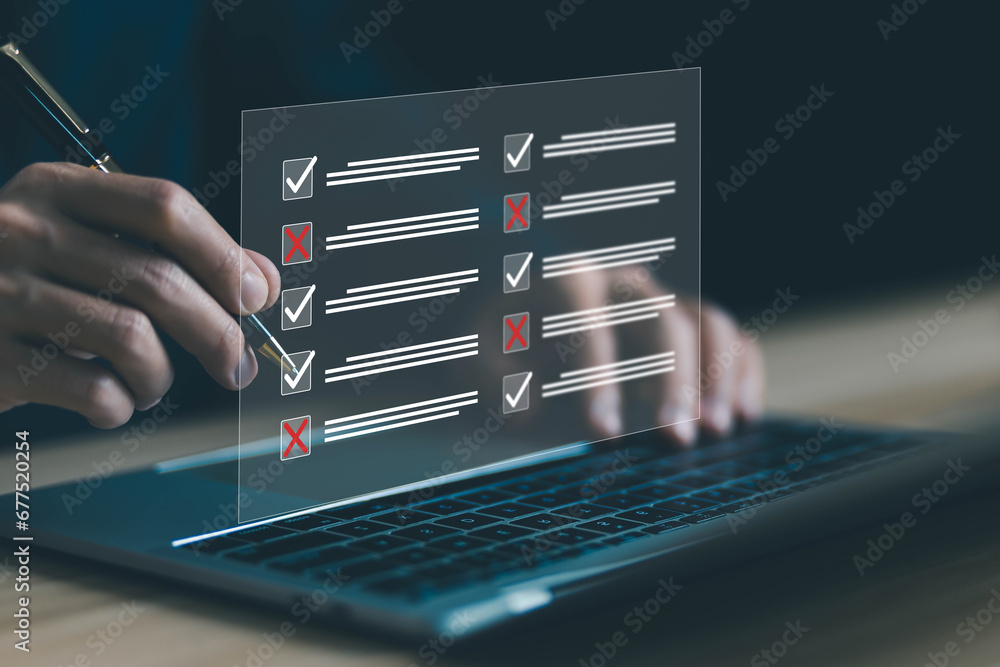 the person ticks the checkmark in the box on the list of documents on the laptop. concept audit, check form online, business verify task detail and evaluation tick mark, checklist process order. - obrazy, fototapety, plakaty 