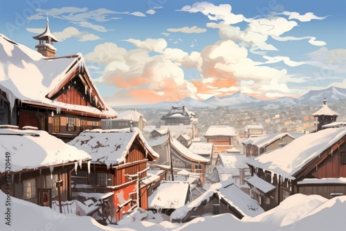 Snowy Roofs: Capture the charm of houses and buildings with snow-covered rooftops. - Generative AI