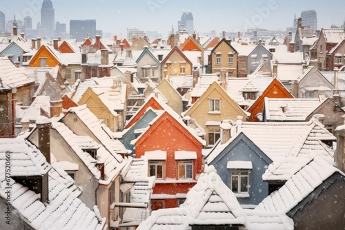 Snowy Roofs: Capture the charm of houses and buildings with snow-covered rooftops. - Generative AI