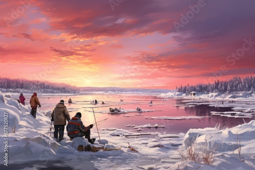 Ice Fishing: Photograph ice fishermen patiently waiting for their catch on frozen lakes. - Generative AI