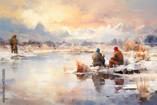 Ice Fishing: Photograph ice fishermen patiently waiting for their catch on frozen lakes. - Generative AI