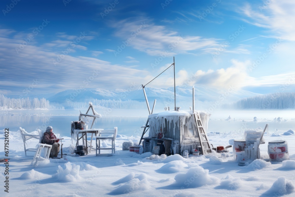 Ice Fishing: Photograph ice fishermen patiently waiting for their catch on frozen lakes. - Generative AI Ice Fishing: Photograph ice fishermen patiently waiting for their catch on frozen lakes. - Generative AI
