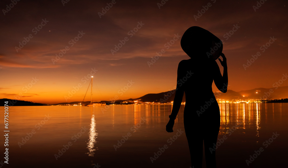 kobieta w kapeluszu na tle zachodzącego słońca nad morzem z widokiem na zatoke - obrazy, fototapety, plakaty 