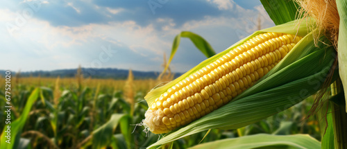 Ripe corn cob. Fresh maize with green leaves