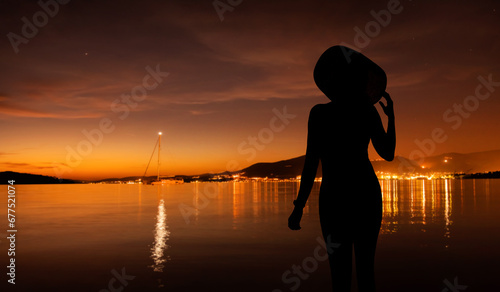 kobieta w kapeluszu na tle zachodz  cego s  o  ca nad morzem z widokiem na zatoke
