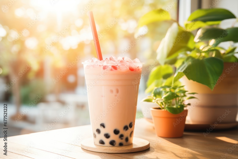 Peach milk shake with tapioca sweet balls, asian trendy drink bubble tea on wooden table in cafe.